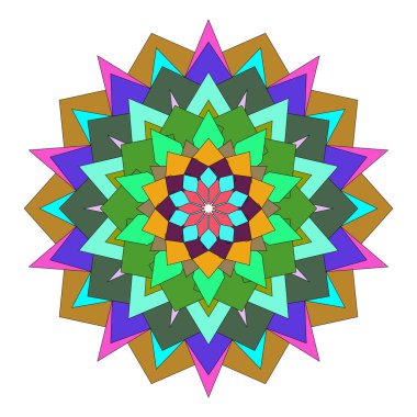 Renkli dengeli geometrik dekoratif desenlere sahip soyut mandala çiçeği sanat eserleri