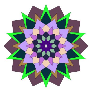 Karmaşık renkli geometrik düzenlenmiş dekoratif desenlere sahip simetrik soyut çiçek mandala