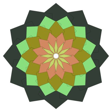 Simetrik tarzda düzenlenmiş renkli geometrik elementlerle parlak soyut mandala sanat eserleri