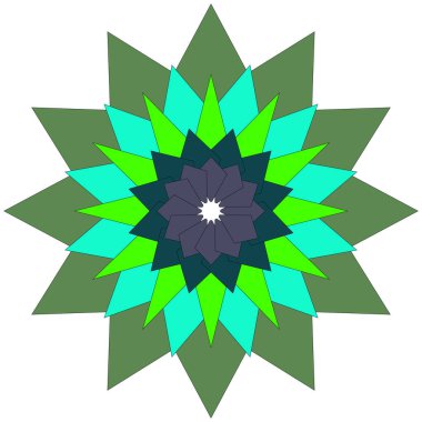 Sanatsal simetri ile düzenlenmiş canlı geometrik çiçek şekilleri içeren soyut renkli mandala deseni