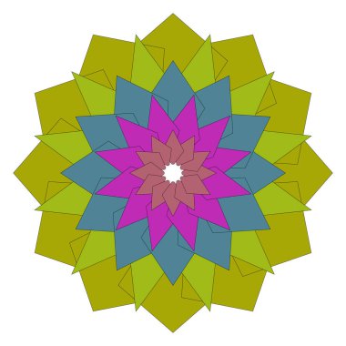 Sanatsal denge ile soyut geometrik çiçek simetrisi içeren canlı renkli mandala sanat eserleri