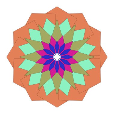 Parlak soyut simetrik desenler ve sanatsal stil içeren renkli geometrik mandala tasarımı