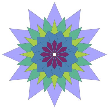 Parlak soyut geometrik desenli simetri içeren sanatsal renkli mandala tasarımı