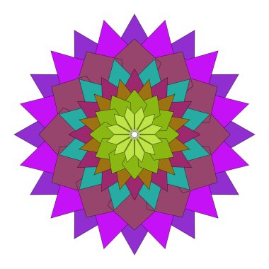 Yaratıcı geometrik mandala tasarımı parlak simetriyle düzenlenmiş soyut çiçek desenlerini gösteriyor