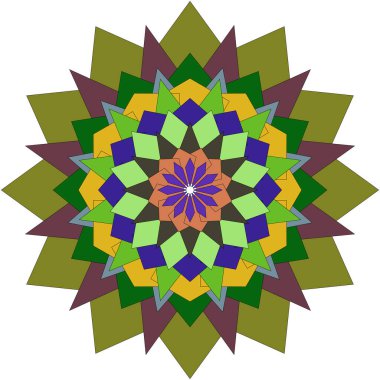 Parlak renkli soyut mandala sanat eserleri simetrik olarak sıralanmış çiçek şekilleriyle oluşturulmuştur.