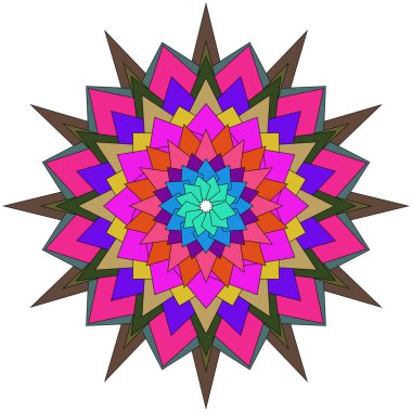 Geometrik simetrik mandala çiçeği çizimi sanatsal kompozisyonda parlak renk paletleri ile oluşturuldu