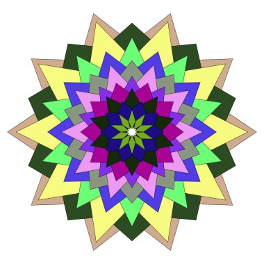 Renkli geometrik mandala kompozisyonu soyut çiçekli dekoratif güzelliği sanatsal ifadede sergiliyor