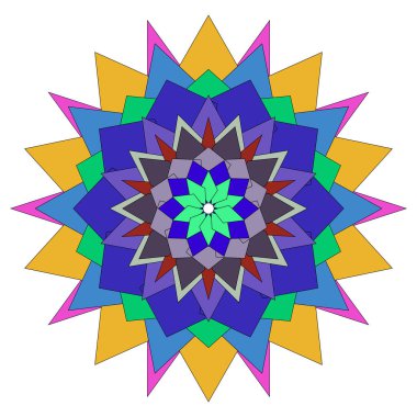 Modern stilde geometrik soyut çiçekleri ifade eden renkli ışıl ışıl mandala tasarımı