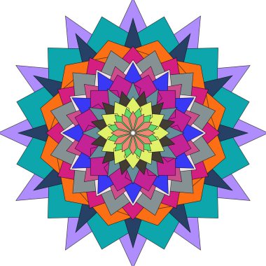 Soyut renkli mandala çiçeği modern geometrik sanatta, canlı bir ifadeyle işlenmiş.