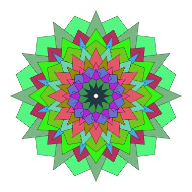 Dekoratif güzellik için geometrik sanatsal elementler kullanılarak yaratılmış soyut renkli mandala çiçeği