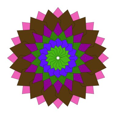 Renkli mandala çizimi. Geometrik soyut tarzda yapılmış. Canlı bir güzelliği var.