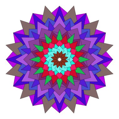 Canlı geometrik mandala çiçek tasarımı modern tonda soyut ahengi ifade eder.