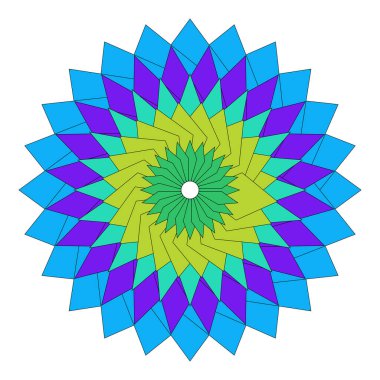 Canlı soyut çiçekli mandala cesur geometrik şekillerle zenginleştirilmiş ve dışavurumcu hareketler sergiliyor.