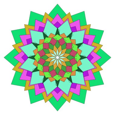 Renkli sanatsal mandala çiçeği canlı dışavurumsal yapıya sahip geometrik soyut tasarımı sergiliyor