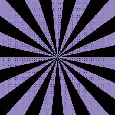Mor bir arka planda yarım ton noktalı soyut bir retro güneş patlaması.