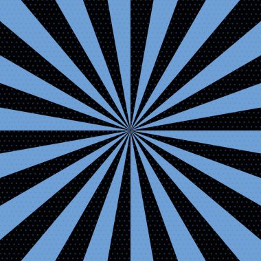 Açık mavi ışınlar ve siyah noktalar içeren bir güneş patlaması tasarımı.