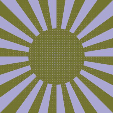 Arka planda yarım tonluk noktalar ve zeytin arkaplan üzerine lavanta ışınları olan retro güneş patlaması