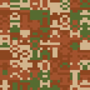 Kahverengi yeşil ve bej renkli karelerden oluşan renkli pikselli desen şeffaf bir arkaplanda izole edilmiş.