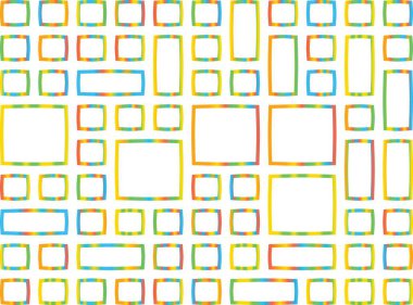 Saydam bir arkaplanda izole edilmiş çeşitli geometrik şekiller ve çerçeveler içeren canlı bir soyut desen