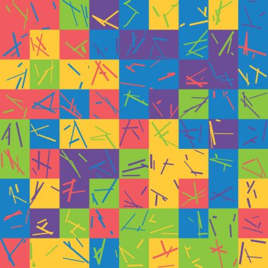 Rasgele çizgiler ve şeffaf bir arkaplanda izole edilmiş şekiller içeren canlı ve soyut bir desen.