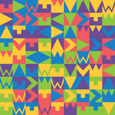 Şeffaf bir arkaplanda izole edilmiş çeşitli şekillere sahip canlı geometrik desen