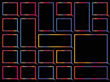 Şeffaf bir arkaplanda izole edilmiş, renkli çerçeveleri ve gölgeleri olan canlı bir geometrik desen.