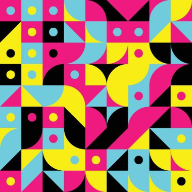 Saydam bir arkaplanda izole edilmiş çeşitli şekiller ve noktalar içeren canlı bir geometrik desen.