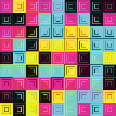 Şeffaf bir arkaplanda izole edilmiş kareler ve daireler içeren canlı bir geometrik desen