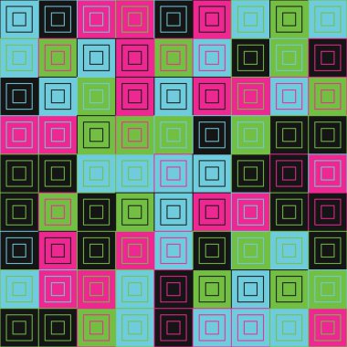 Şeffaf bir arkaplanda izole edilmiş kareler ve dikdörtgenler içeren canlı bir geometrik desen