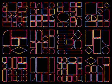 Şeffaf bir arkaplanda izole edilmiş canlı renklerde çeşitli geometrik şekillerin bir koleksiyonu