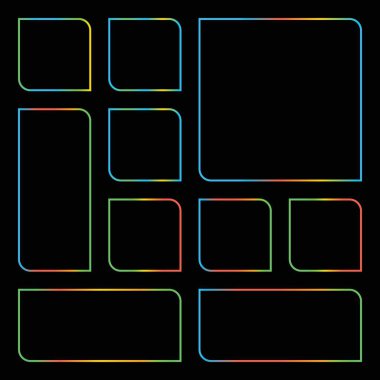 Şeffaf bir arkaplanda izole edilmiş ızgara desen içinde düzenlenmiş çok renkli geometrik şekiller kümesi