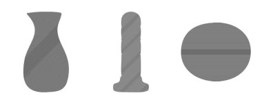 Düzlükte yatay gölgeleme desenleri olan üç farklı geometrik şekil