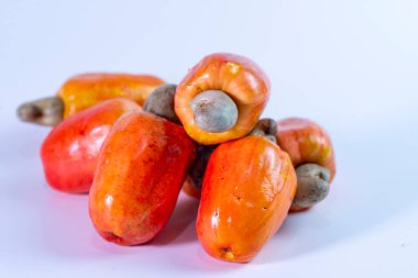 Beyaz arka planda taze kaju fıstığı yakın plan.