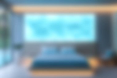 Bu modern yatak odası doğal ışığı davet eden geniş bir pencereye sahip geniş bir yerleşime sahip ve çarpıcı bir manzara sunuyor, huzurlu bir ortam yaratıyor..