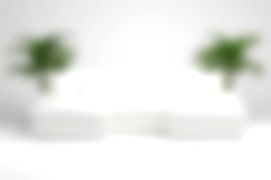 Modern bir oturma odasının bulanık görüntüsü parlak beyaz bir kanepe ve canlı yeşil bitkiler sergiliyor, rahat ve rahat bir ortam yaratıyor..