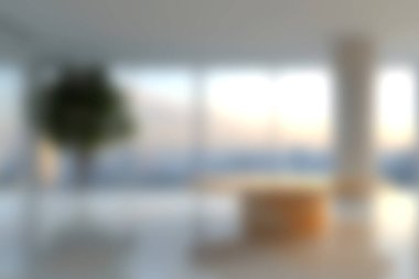 Güzel tasarlanmış bir modern minimalist iç mekan gün batımında çarpıcı şehir manzarası sunan geniş pencereler sergiliyor. Yumuşak ışık sakin bir ortam yaratır..