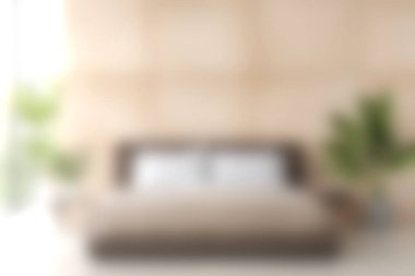 Büyük bir yatak odası ve yumuşak renkleri olan, iç mekan bitkilerinin vurgulandığı, herhangi bir evde huzur ve huzur hissi uyandıran modern bir yatak odası..