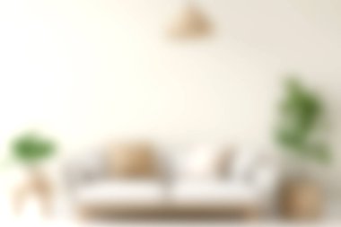 Bu resim zarif mobilyalar, yeşil bitkiler ve rahatlama ve ev dekorasyonu için mükemmel sıcak bir atmosferin yer aldığı rahat ve modern bir oturma odasını tasvir ediyor..