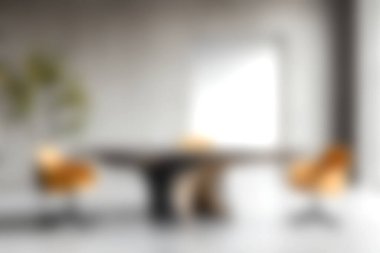 Modern bir iç mekan şık bir masa ve zarif sandalyeler sergiliyor. Minimalist tasarım, yumuşak gün ışığının pencereden içeri girmesiyle gelişen rahat bir atmosfer yaratıyor..