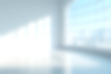 Yumuşak doğal ışığın bölgeyi doldurup barışçıl bir atmosfer oluşturmasına olanak sağlayan geniş pencereli sakin ve parlak bir modern ofis alanı..