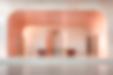 Bu resim, hafif mercan aksanları ve çağdaş bir tasarım, sükunet ve estetik cazibeyi çağrıştıran minimalist mobilyaların yer aldığı bulanık bir iç mekanı gösteriyor..