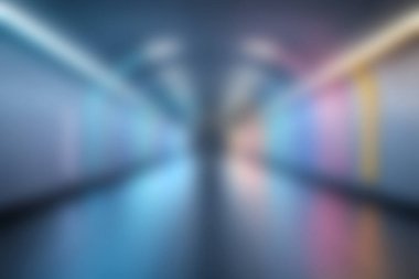 Çarpıcı soyut estetik yaratan parlak ışık ve yansımalarla modern bir koridorun yumuşak bulanık görüntüsü. Sanatsal kavramlar için mükemmel.