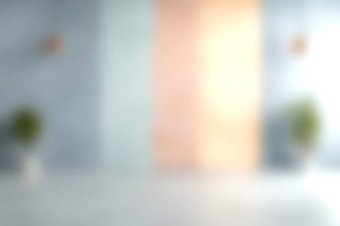 Hoş tasarlanmış bir iç mekanın bulanık görüntüsü ince renkli duvarlar ve yeşil bitkiler sergiliyor, ilham vermek için mükemmel bir ortam yaratıyor..