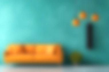 Bu resim, turkuaz bir duvara karşı sarı bir kanepenin sergilendiği şık ve modern bir yaşam alanı sergiliyor, taze ve davetkar bir atmosfer yaratıyor..