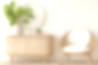 Bu fotoğrafta, minimalist mobilyaların, rahat bir sandalyenin ve canlı yeşilliğin bulunduğu şık bir İskandinav oturma odası sergileniyor..