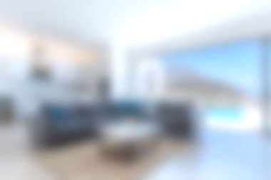 Çağdaş bir evde rahatlama ve rahatlama için ideal, dingin bir havuz alanına açılan doğal ışıkla dolu şık bir modern oturma odası..