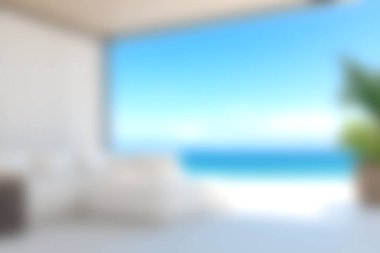 Modern bir terastan huzurlu bir kıyı manzarasının tadını çıkarın. Parlak bir gökyüzü ve sakin bir okyanus var. Tasarımda rahatlama ve sükunet uyandırmak için ideal.