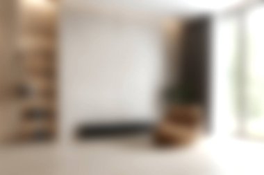 Doğal ışık, zarif dekor ve ahşap rafların yer aldığı geniş ve modern minimalist oturma odası çağdaş iç mekanlarda rahatlatıcı ve davetkar bir atmosfer yaratıyor..