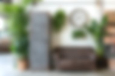 Kahverengi bir kanepenin olduğu rahat bir oturma odası sahnesi. Etrafı yemyeşil bitkiler ve basit duvar dekoruyla çevrili. Davetkar atmosfer rahatlamak ve şık yaşamak için mükemmeldir..