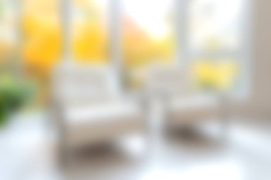 Parlak oturma odasında iki modern beyaz koltuk, pencerelerin dışında sonbahar yeşillikleri ile yıkanmış, rahat bir atmosfer yaratıyor..